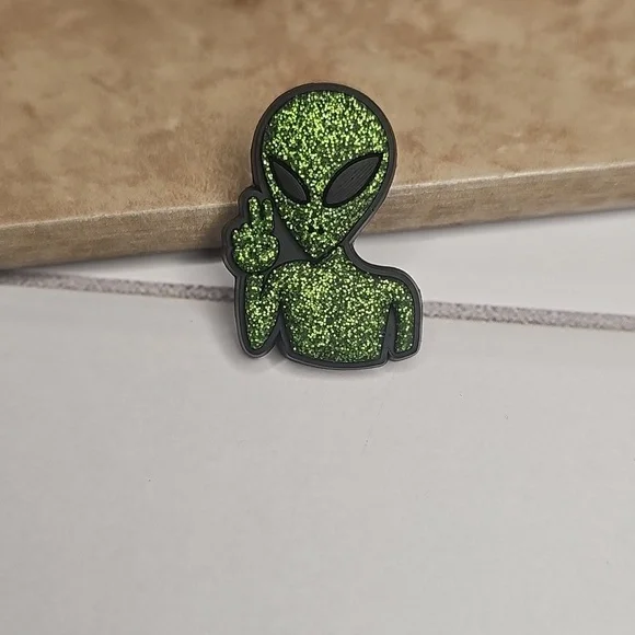 Glittery Green Peace Alien Kids Rubber Pin - Picture 1 of 2